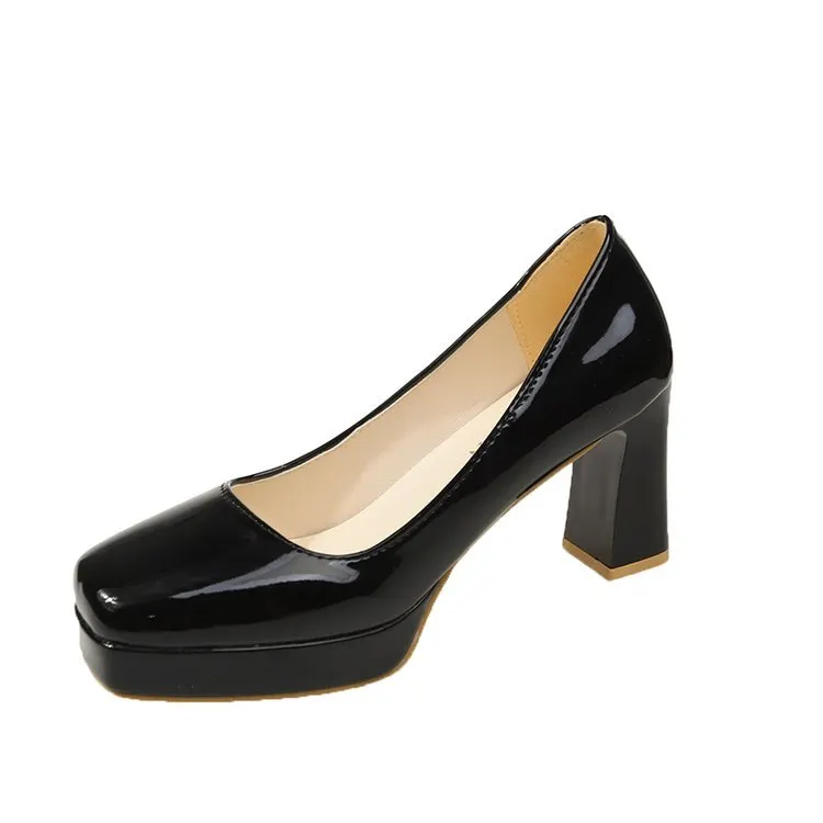 Churchf Churchf Size Square Head High Heels Fashion Waterproof Platform Women's Fashion Cover Foot Bright Skin Thick Heel Work Single Shoes
