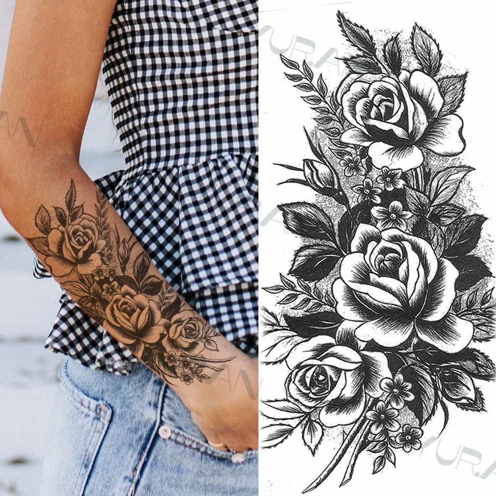Black Large Snake Flower Fake Tattoo Sticker For Women Dot Rose Peony Temporary Tattoos DIY Water Transfer Tatoos Girls 530