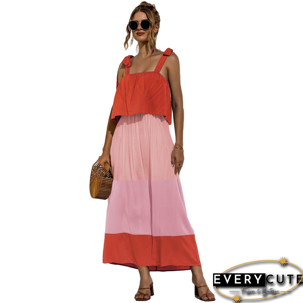 Orange Color Block Ruffle Top Maxi Dress