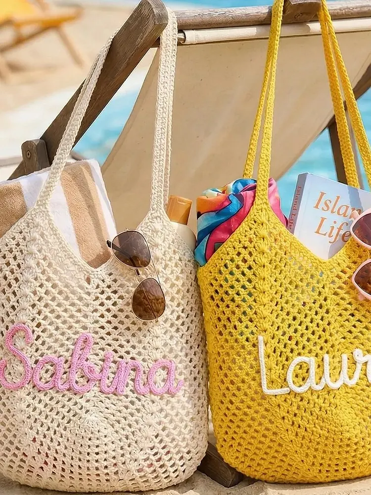 Personalized beach tote bags, Crochet beach bags, Bridesmaid gift bags, Travel Beach Bag, Wedding favor gift, Bachelorette Trip Gift for Her