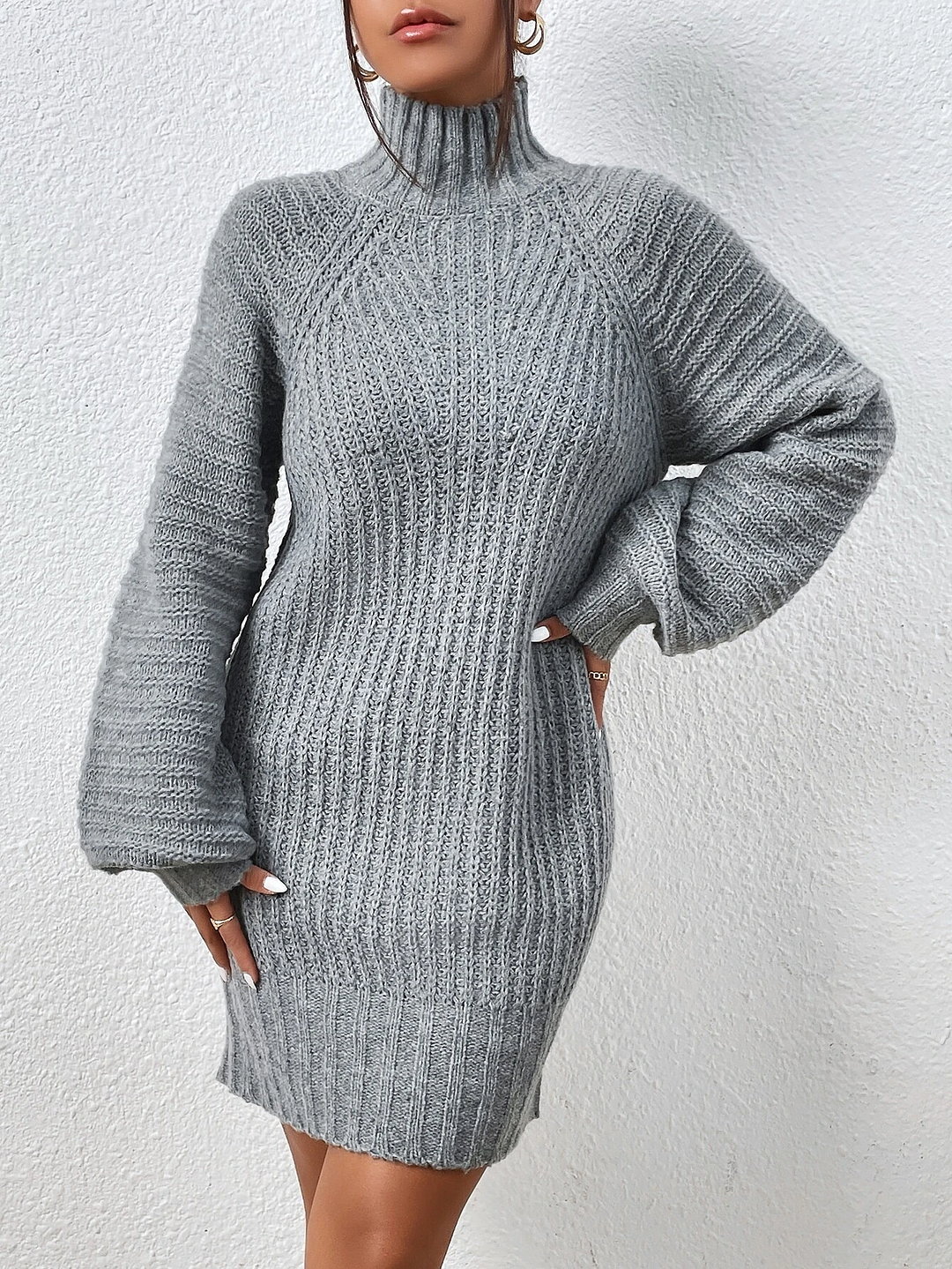 Turtleneck Raglan Sleeve Jumper Dress Without Belt