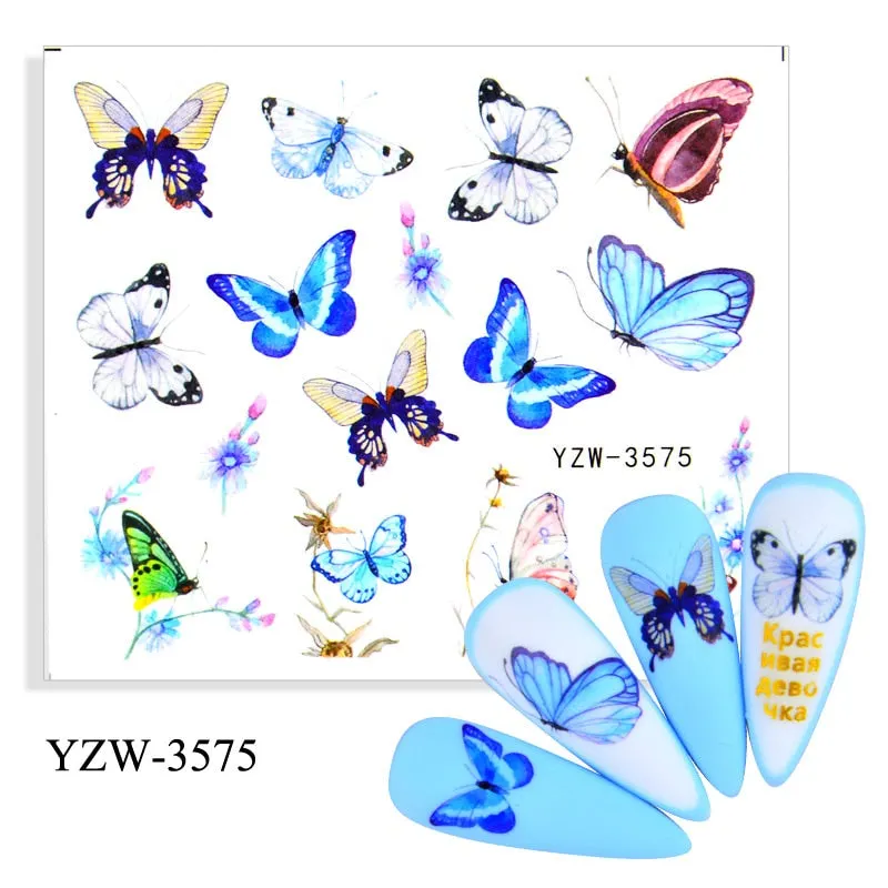 1pc Holographic Blue Nail Stickers Pink Colorful Butterfly Art Sticker With Adhesive DIY Extension Flowers Rose Nail Decoration-Nail Inspo