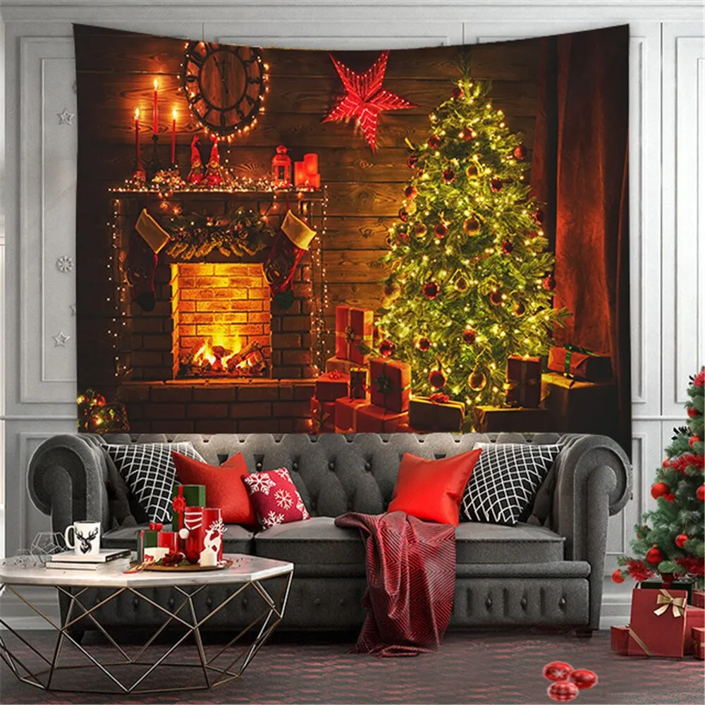 Merry Christmas Tapestry Wall Hanging Christmas Tree Fireplace Wall Cloth Tapestries Psychedelic Boho Decor Wall Tapestry Carpet