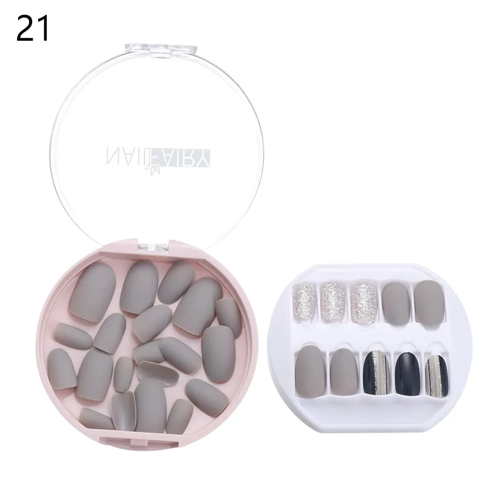 30PCS/Set Fake Nails Press Coffin False Full Artificial Short Kiss Detachable Stick Designs Press Nails Art Tipsy Cover Box