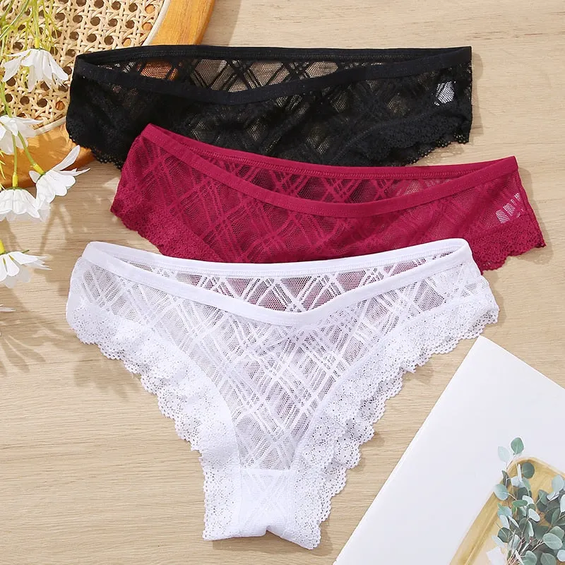 FINETOO M-2XL Sexy Lace Panties Women 3Pcs/set Low Waist Lattice Underwear Ladies Transparent Panty Female Underpants Lingerie