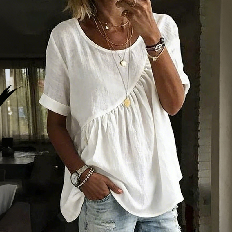 Comstylish Women's Vintage Irregular Pleated Design Short Sleeves Round Neck Linen T-shirt