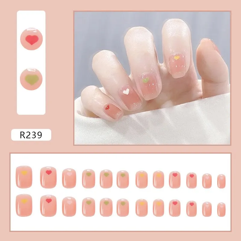 24pcs/box Fake Nails With Glue Yellow Flower Printed Type Short Paragraph Fashion Manicure Press On False Nails Gifts For Girls-Nail Inspo