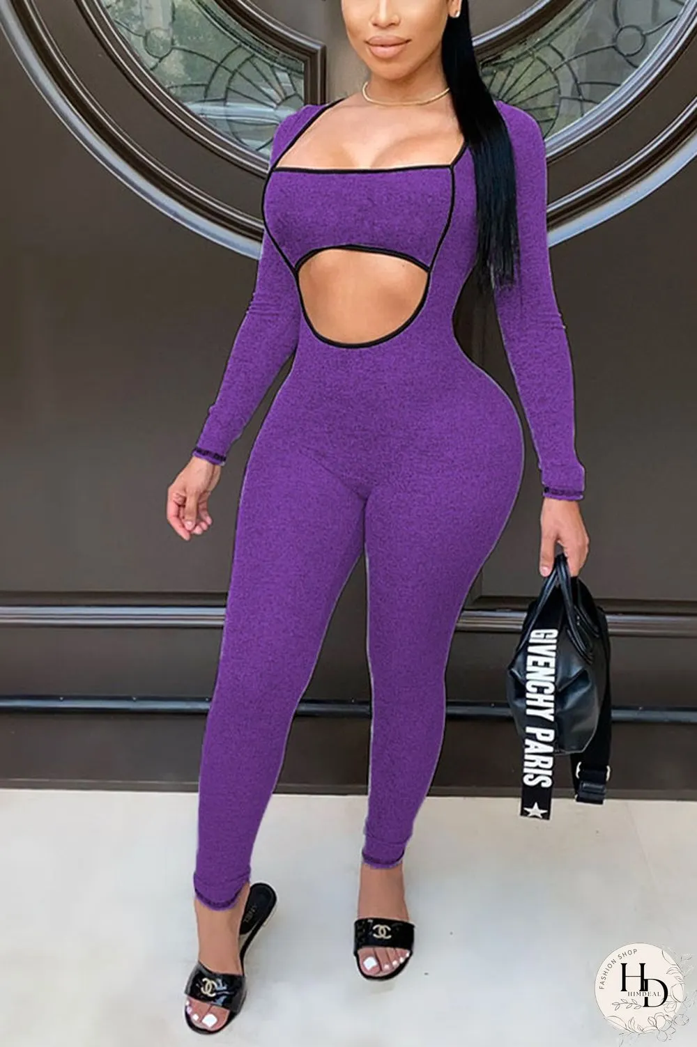 rose red Sexy Hollow Polyester Long Sleeve Jumpsuits