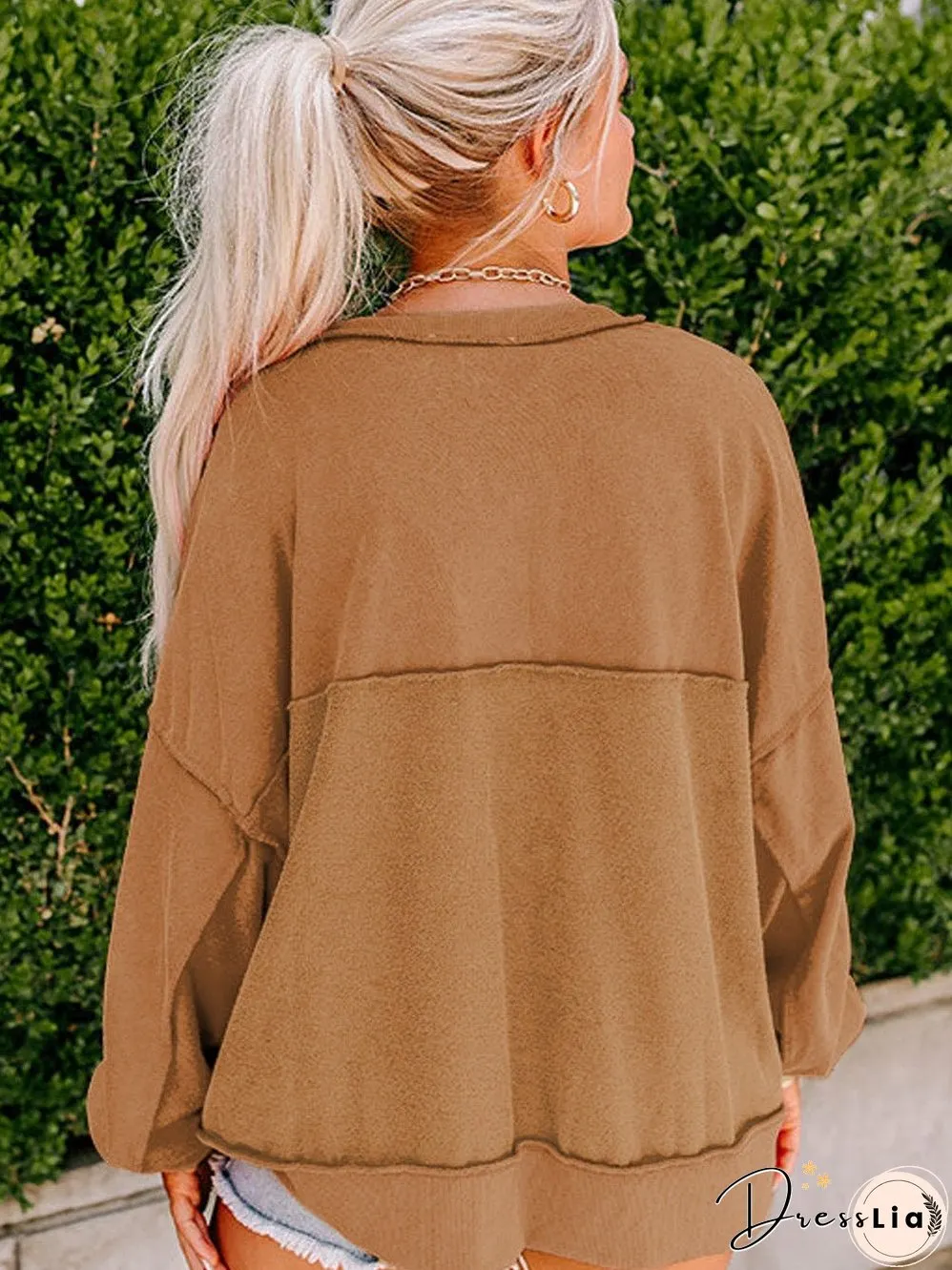 Cozy Brown V-Neck Button Detail Pullover Sweatshirt