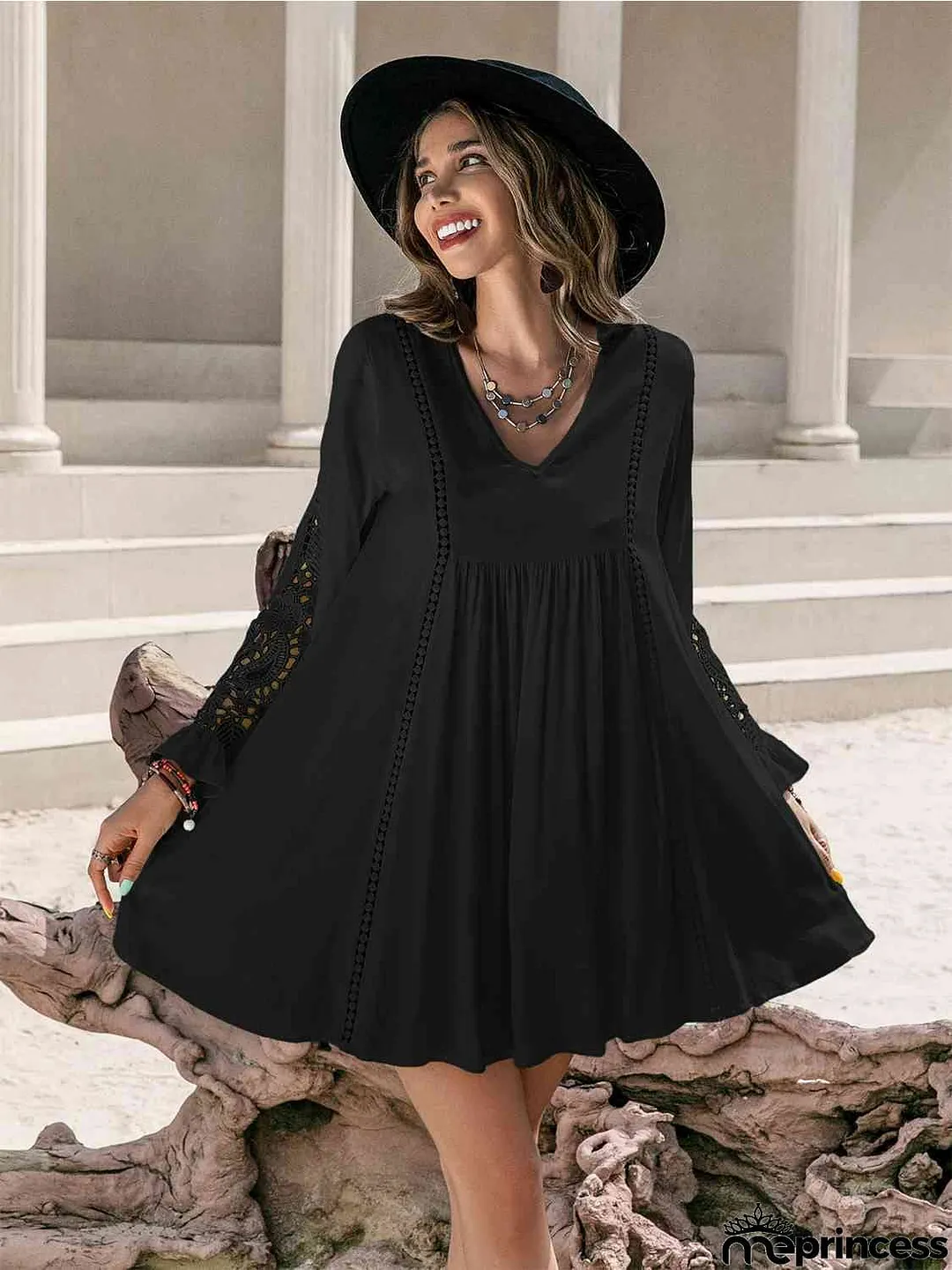 Lace Detail V-Neck Mini Dress