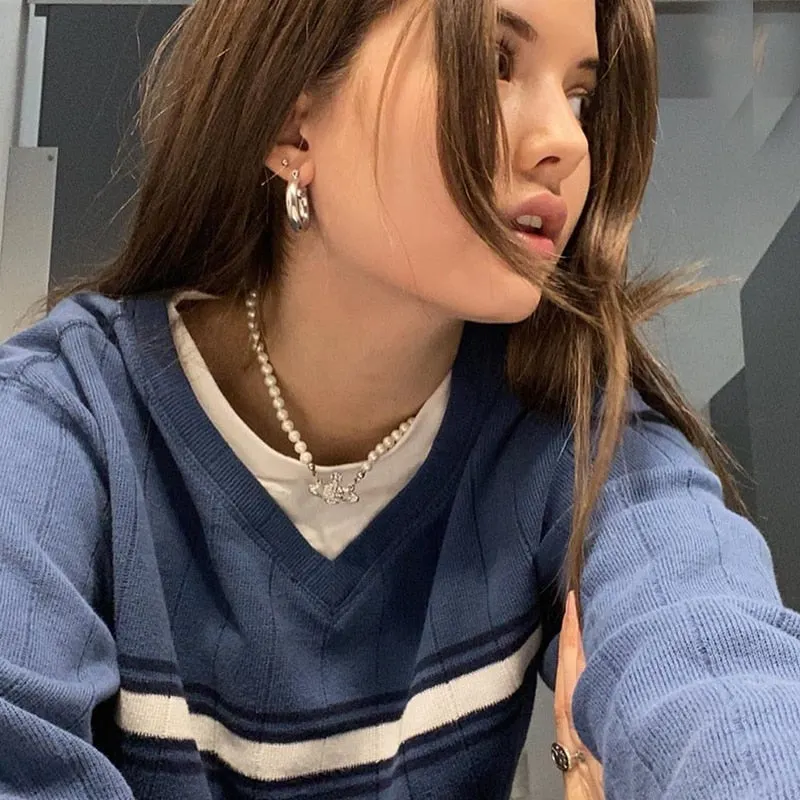 HEYounGIRL Striped V Neck Oversized Sweater Women Casual Loose Knitted Jumper Ladies Preppy Style Vintage Korean Knitwear Autumn