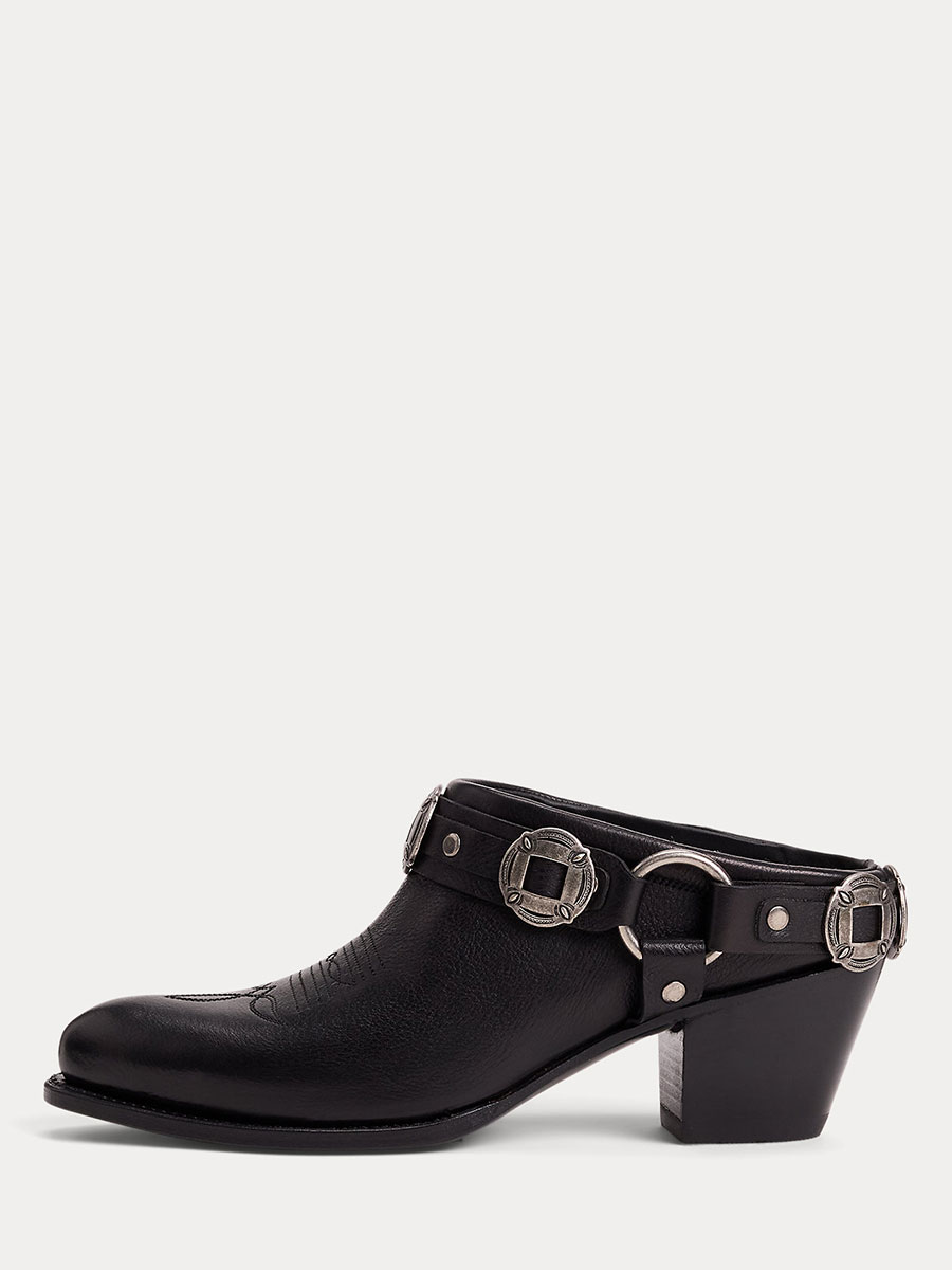 Women's Almond Toe Chunky Heel Metal Accents Western Mules in Black