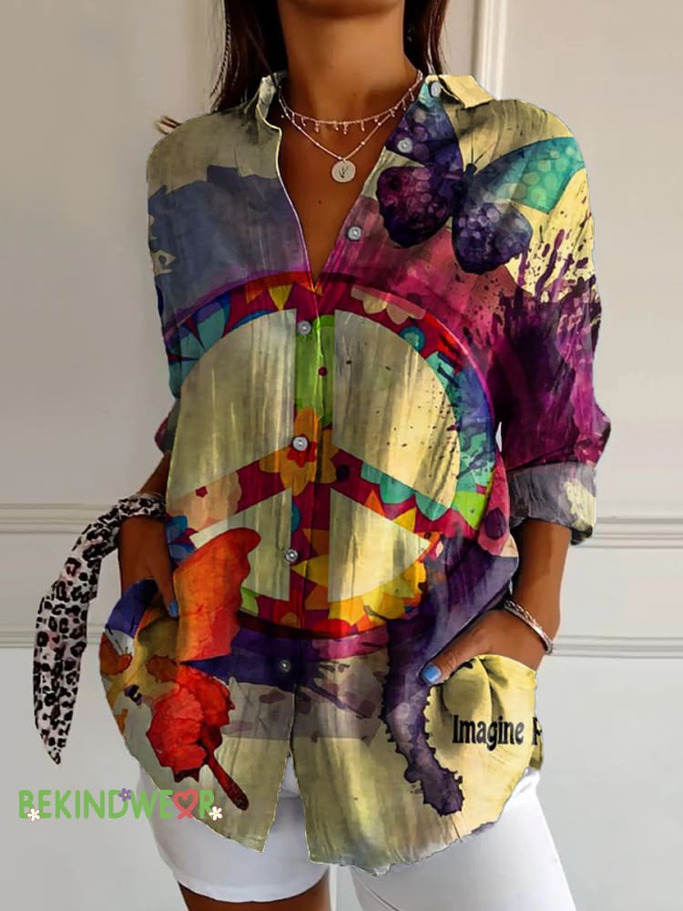 Peace Love Butterfly Gradient Print Casual Cotton Shirt Multicolor / S