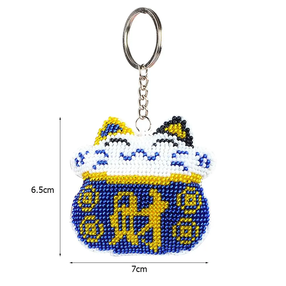 Stamped Beads Cross Stitch Keychain - Blue Fortune Cat