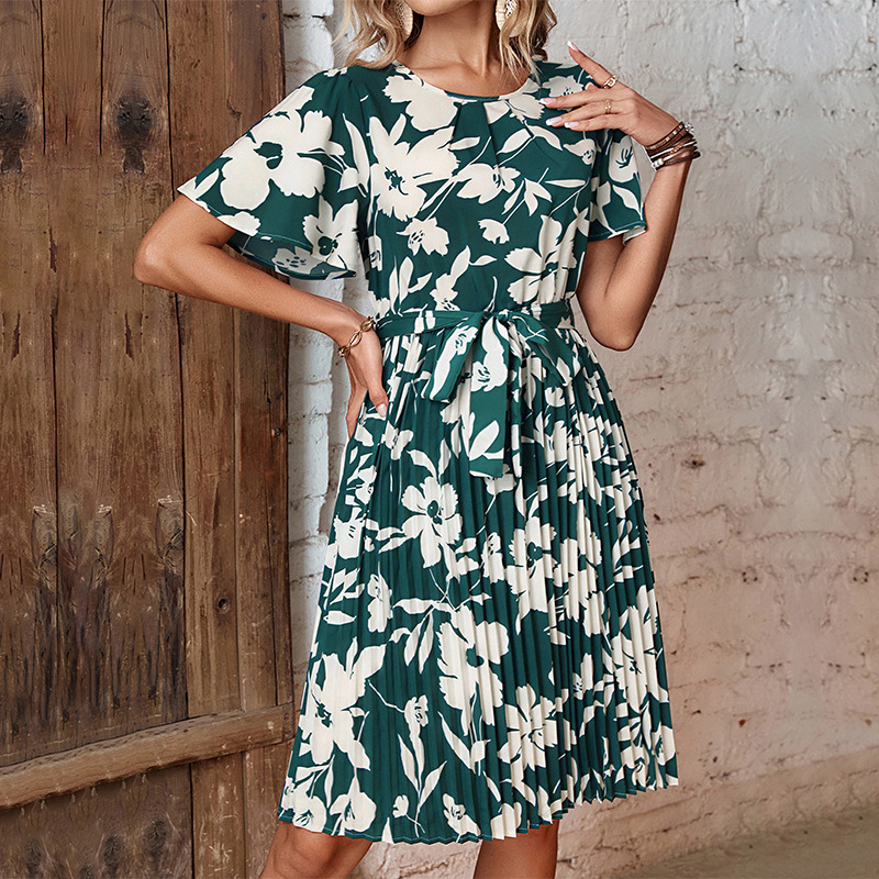 Summer Dress Temperament Green Printing Pleated Dress