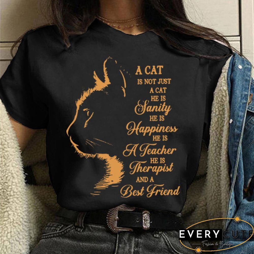 Women and Girls Cat&Letter Print Short Sleeve T-shirt Summer Short Sleeves Womens Solid Color Tees Tops Graphic Cute Cat Shirts Gifts for Cat Lovers