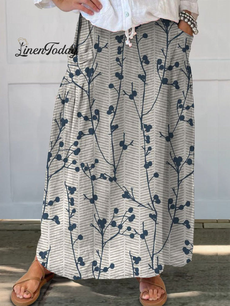 Women&rsquo;s Retro Floral Art Linen Pocket Skirt Multicolor / S