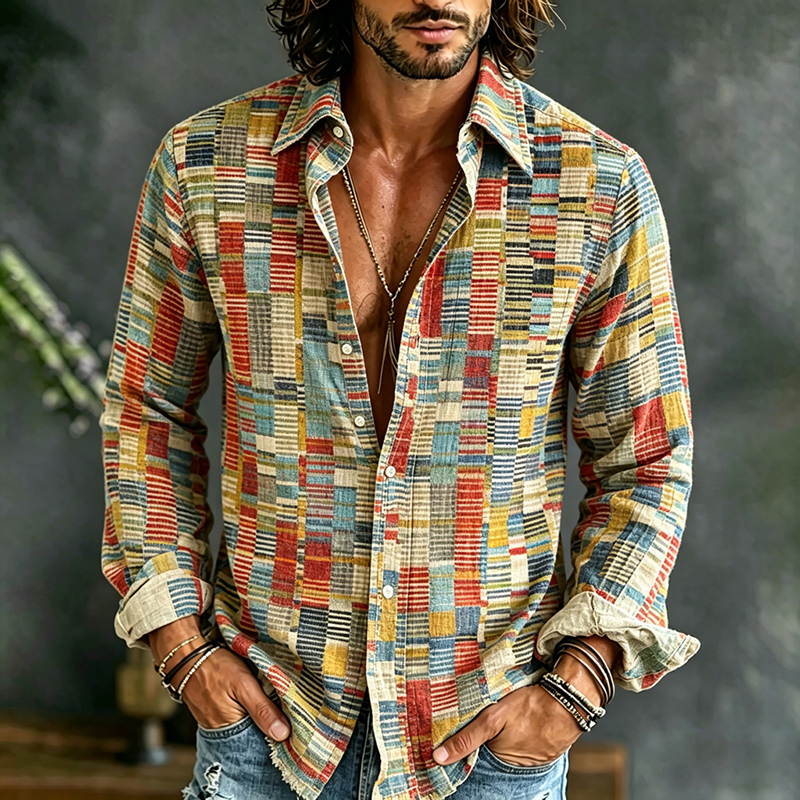 Comstylish Vintage Abstract Geometric Style Art Print Casual Cotton Linen Shirt