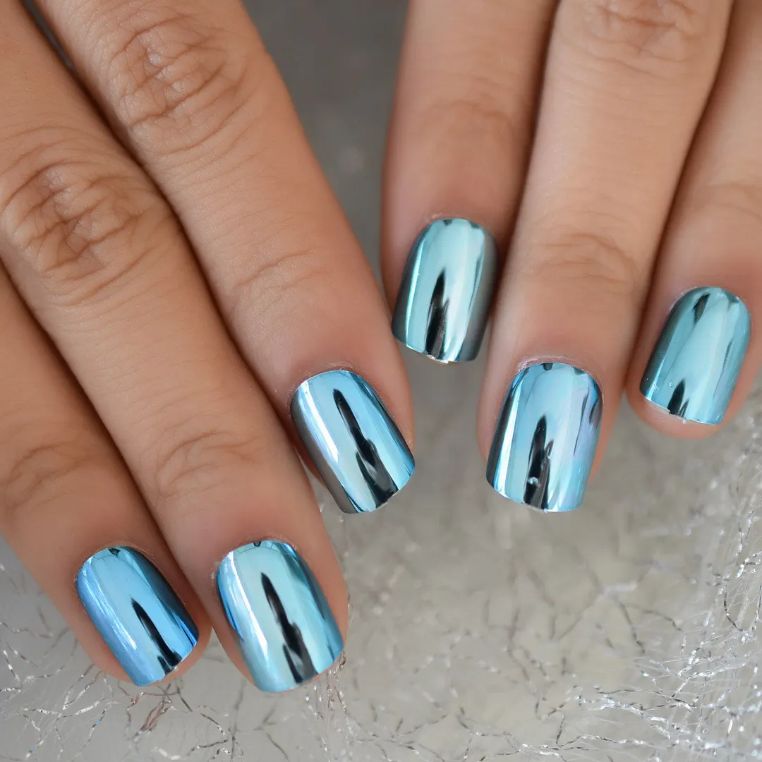 Sapphire Color Glossy Sapphire Chrome Medium-Short Nails Full Cover Nails Square Press On Nails Tips Fingernails Art EchiQ 24pcs-Nail Inspo