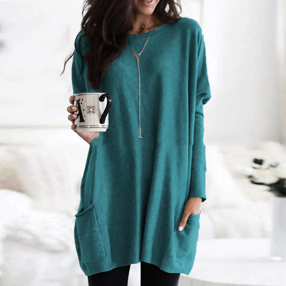 Brownm Autumn Pullover Casual Round Neck Long Sleeve Pocket T-shirt Top