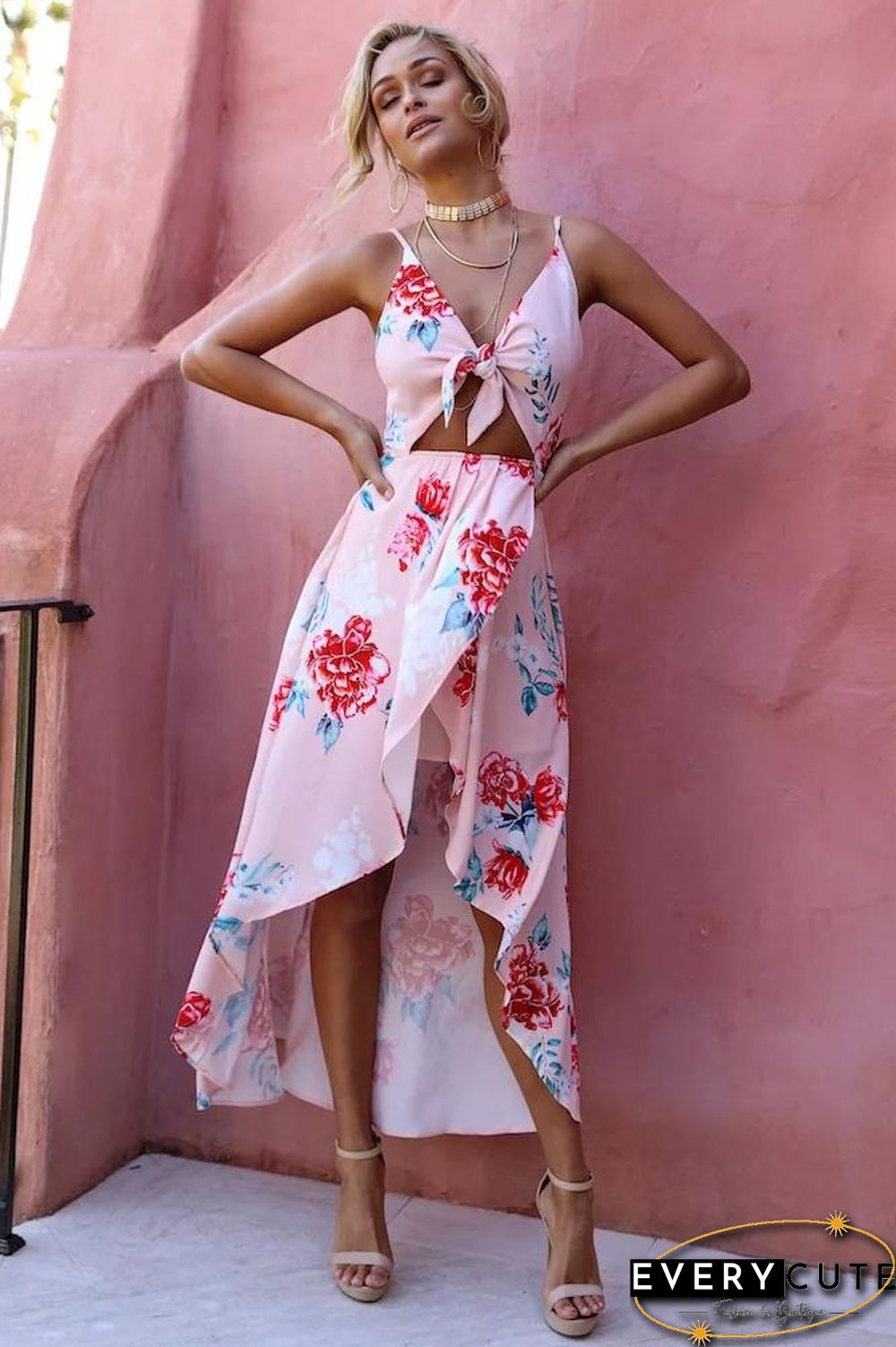 Pink Sleeveless Flowers Printed Irregular Hem Dress