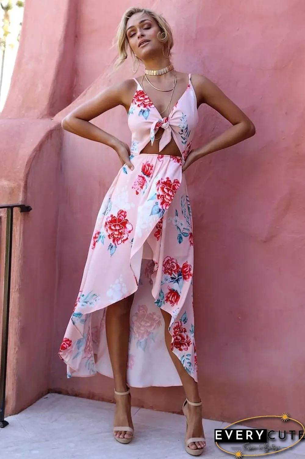 Pink Sleeveless Flowers Printed Irregular Hem Dress