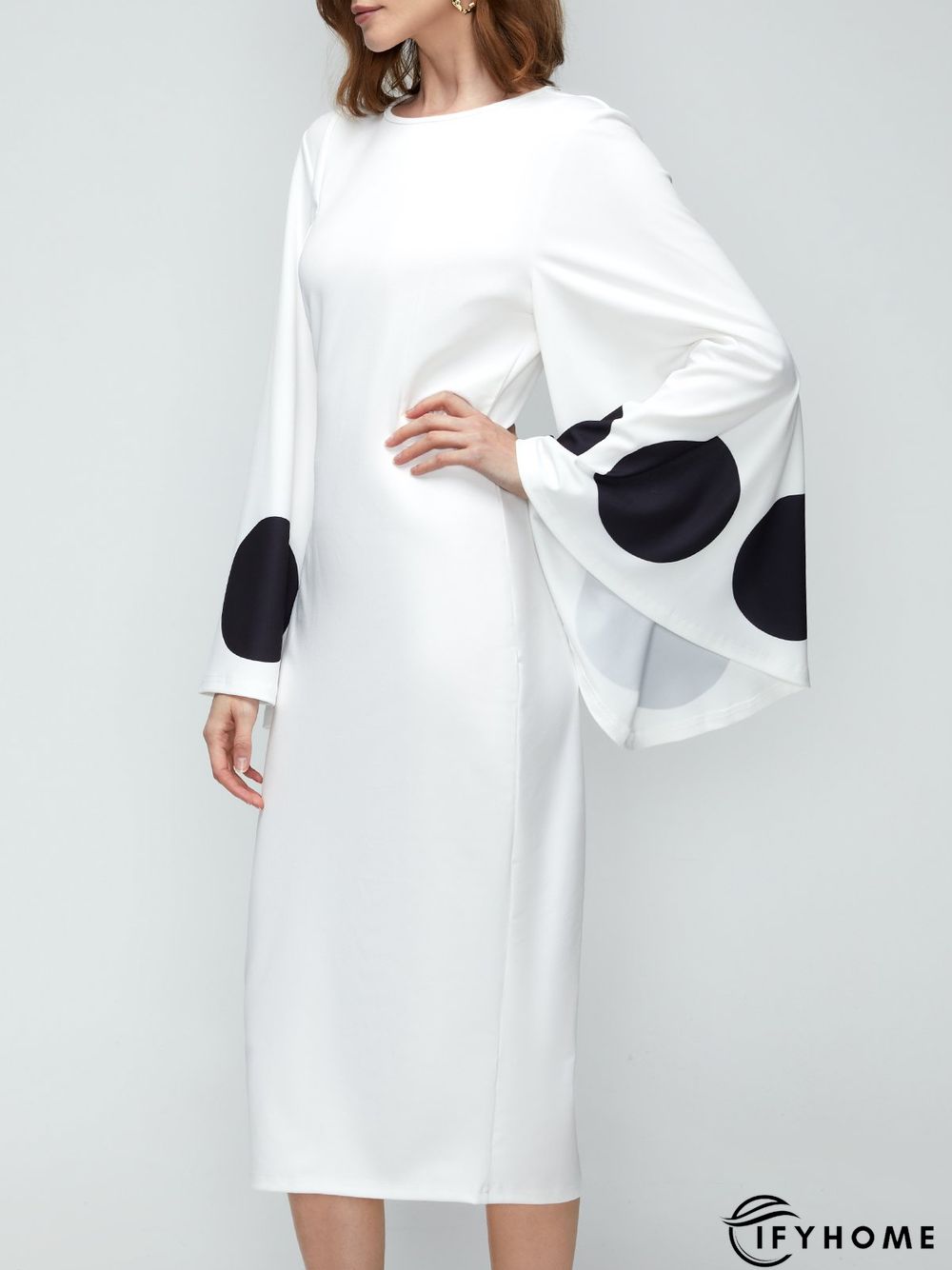 Elegant Flare Sleeve Crew Neck Polka Dots Dress | IFYHOME