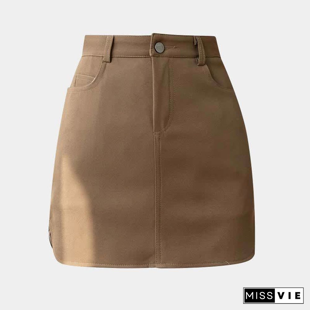 Vintage Pure Color Pocket A-line Skirt