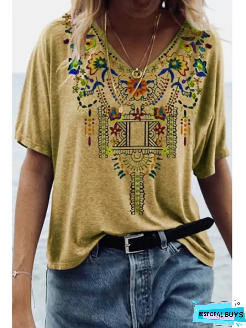 Women's Spring and Summer New Printed National Style V-Neck Short-Sleeved T-Shirt