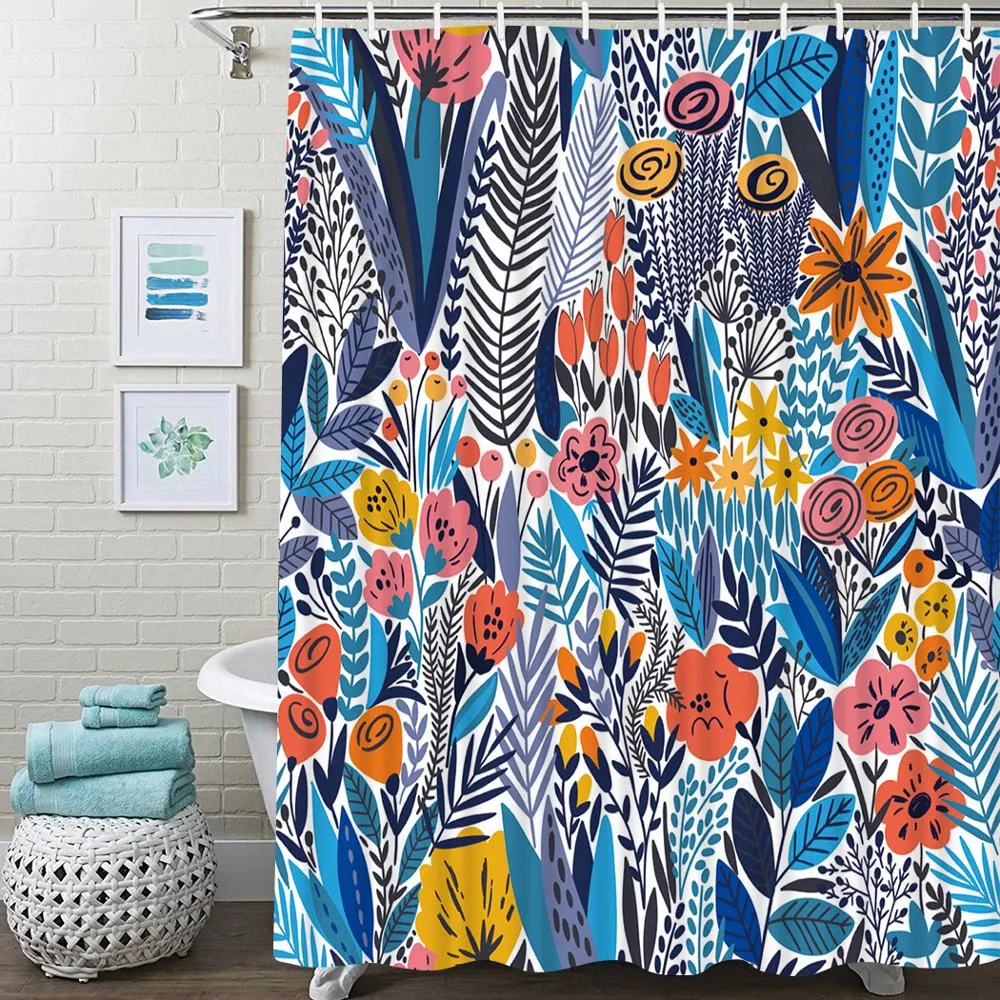 Abstract Floral Shower Curtain Bathroom Tropical Green Leaves Bath Shower Curtain With Hooks Waterproof Bathroom Shower Curtain