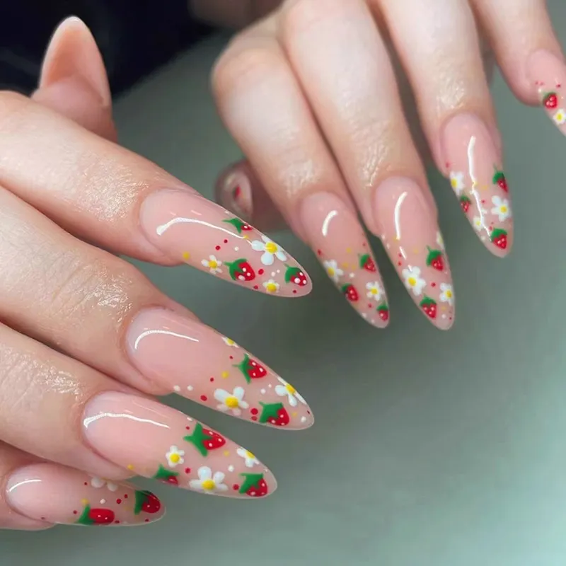 Churchf Churchf Pointed Nail Sweet Girl Lovely Strawberry Flower Flower False Nails Summer Childlike Innocence Nail Wear Nail