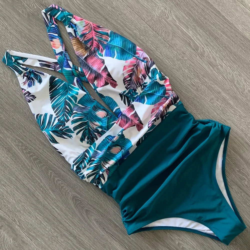 2022 New Sexy One Piece Swimsuit Female Floral Women Swimwear Push Up Bathing Suits Bodysuits Beach wear Deep V-neck Monokini