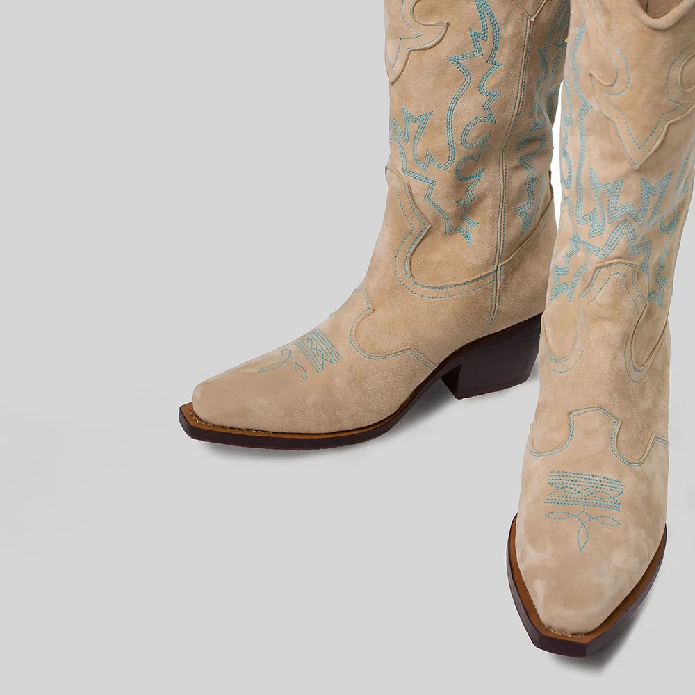 Nude Snip Toe Blue Stitching Chunky Heel Cowboy Boots for Women