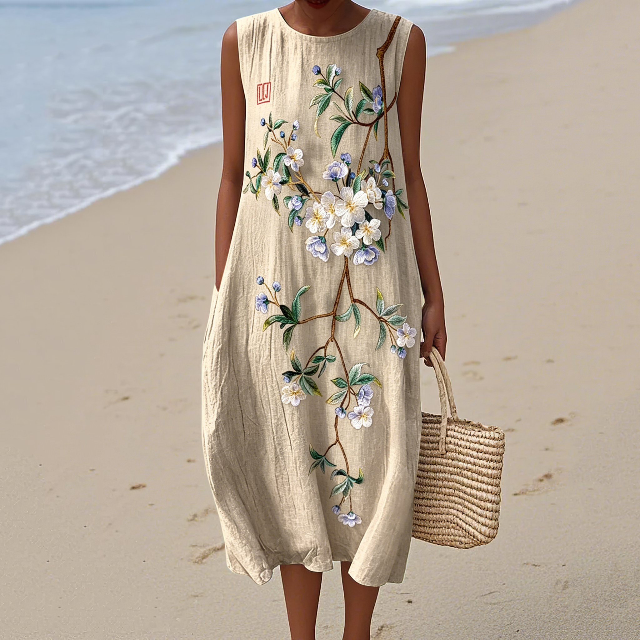 Women's Japanese Floral Print Round Neck Sleeveless Linen Blend Midi Dress elevenforest