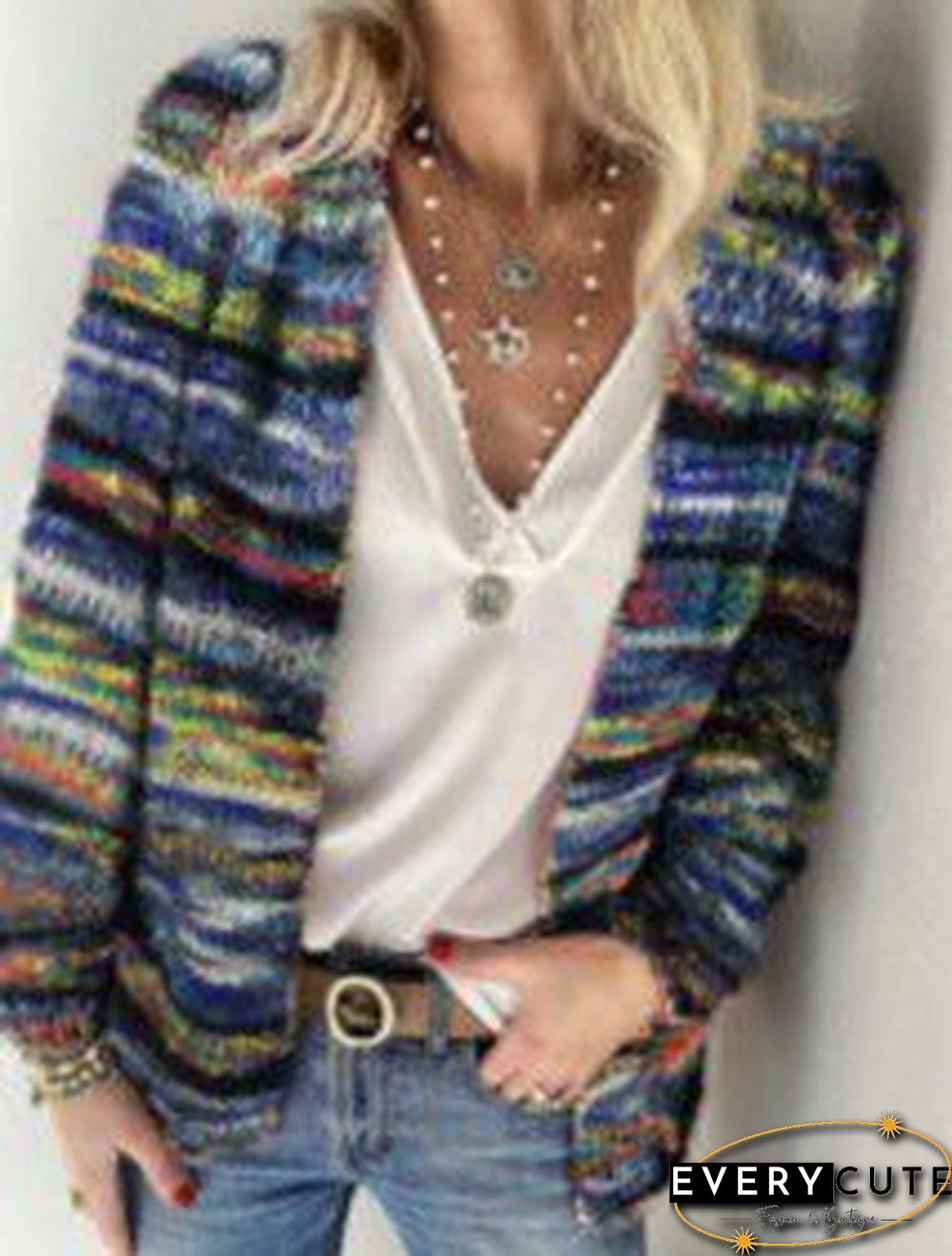 Slouchy Rainbow Stripe Cotton Knit Cardigan Sweater Tops