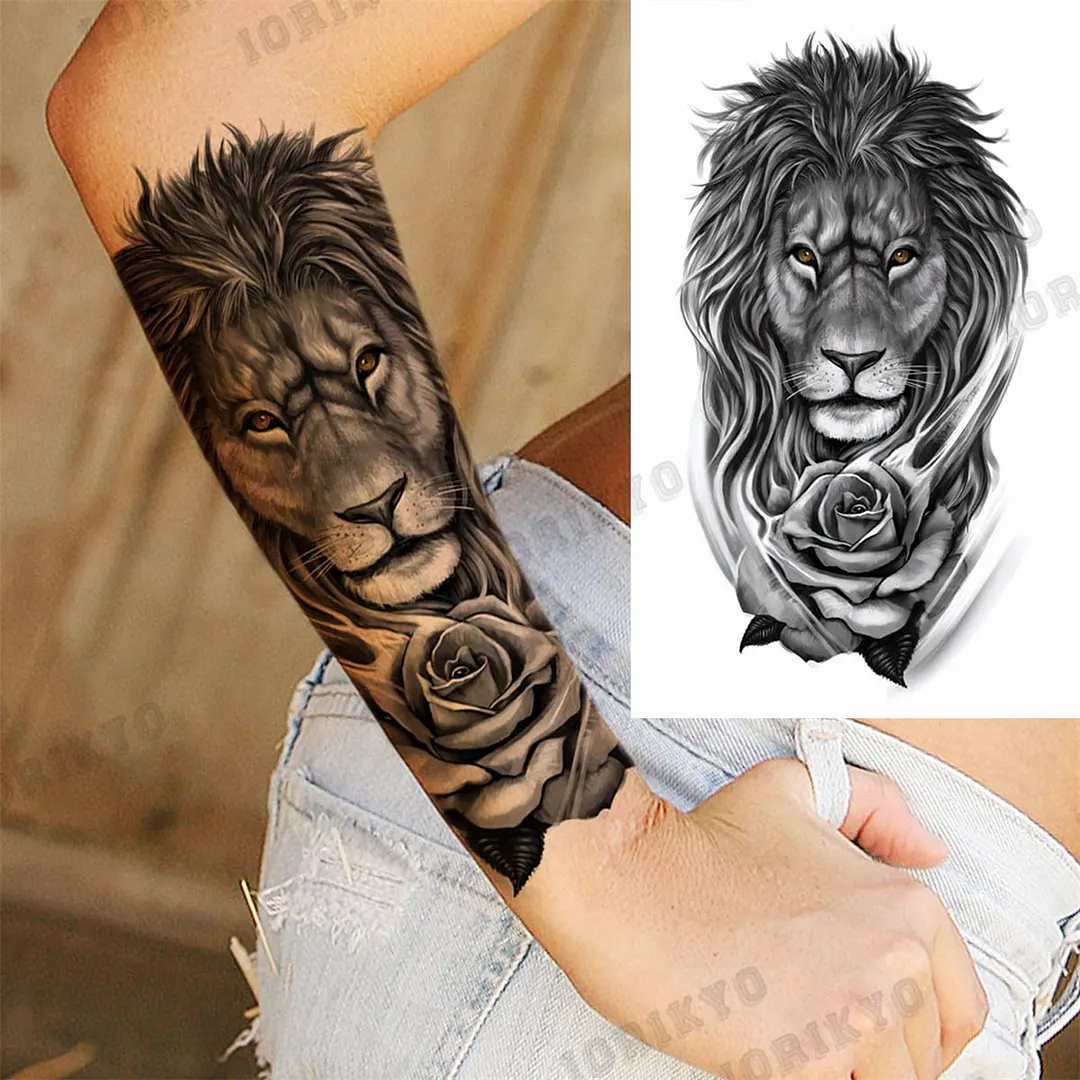 Black Lion Wolf Temporary Tattoos For Men Adult Forest Rose Compass Warrior Fake Tattoo Washable Body Art Painting Tatoo Sticker