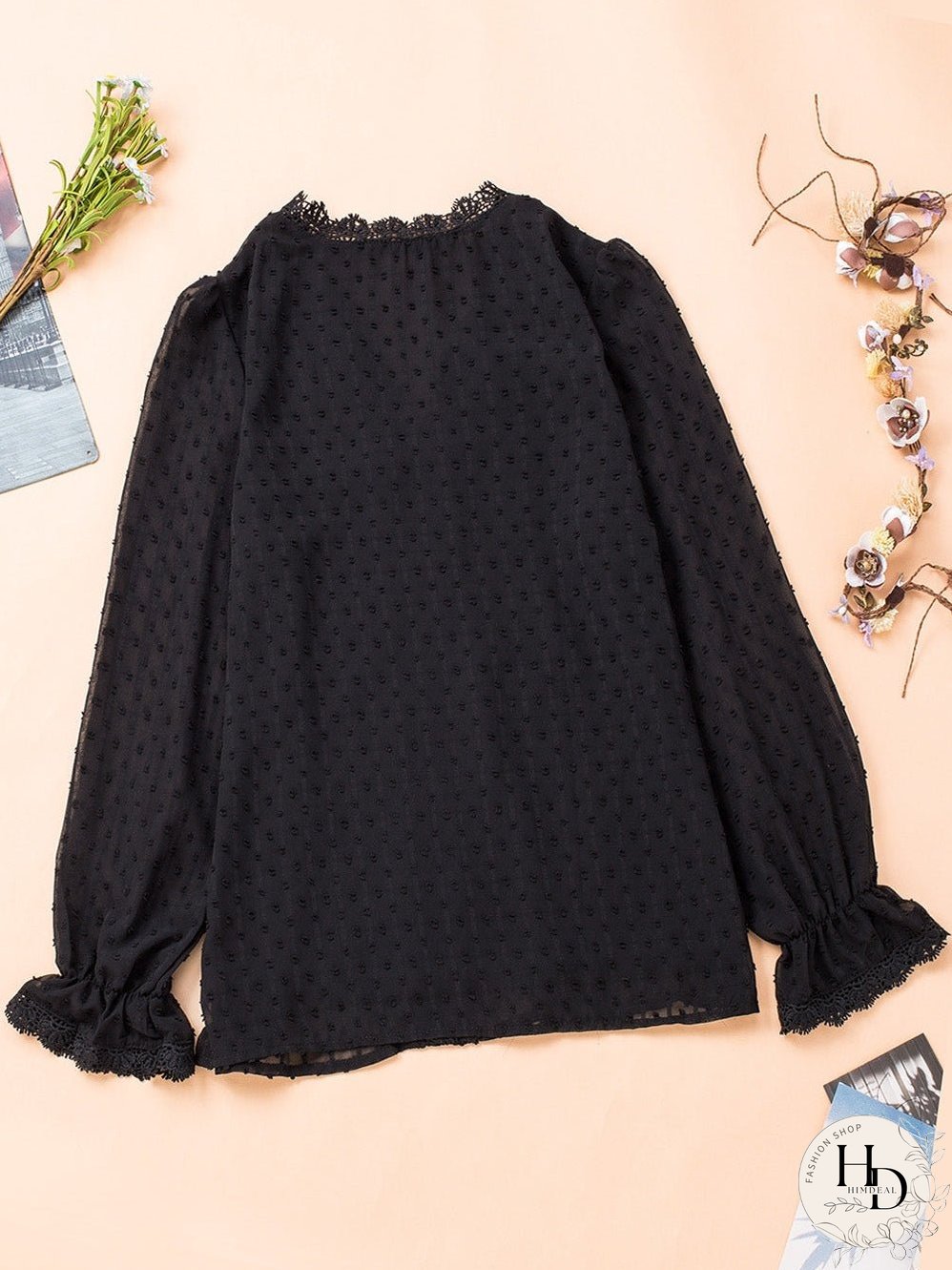 Elegant Swiss Dot Lace Detailed V-Neck Blouse