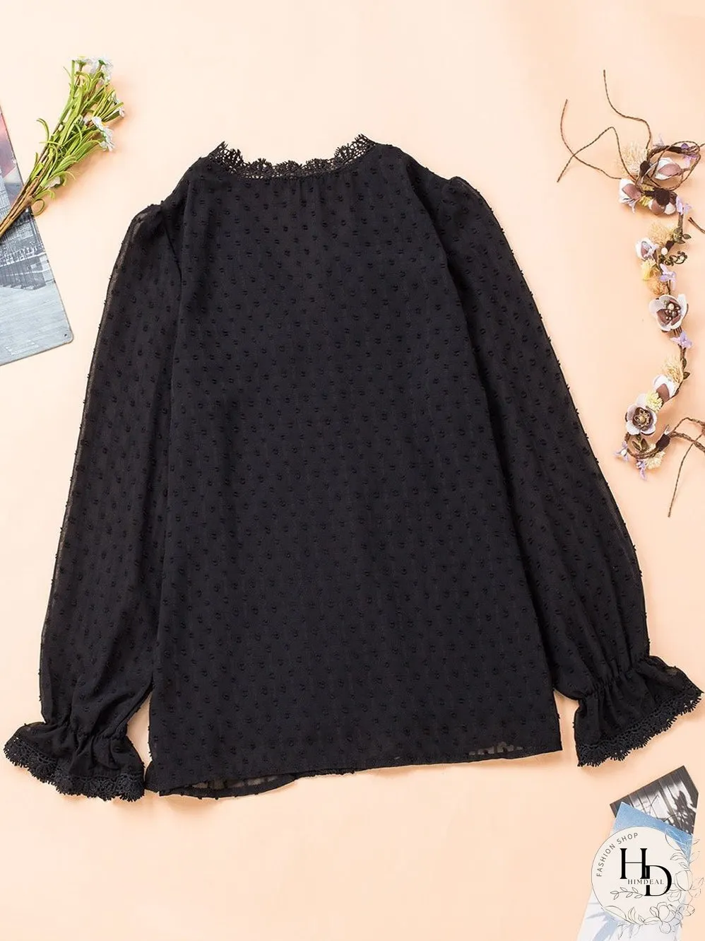 Elegant Swiss Dot Lace Detailed V-Neck Blouse