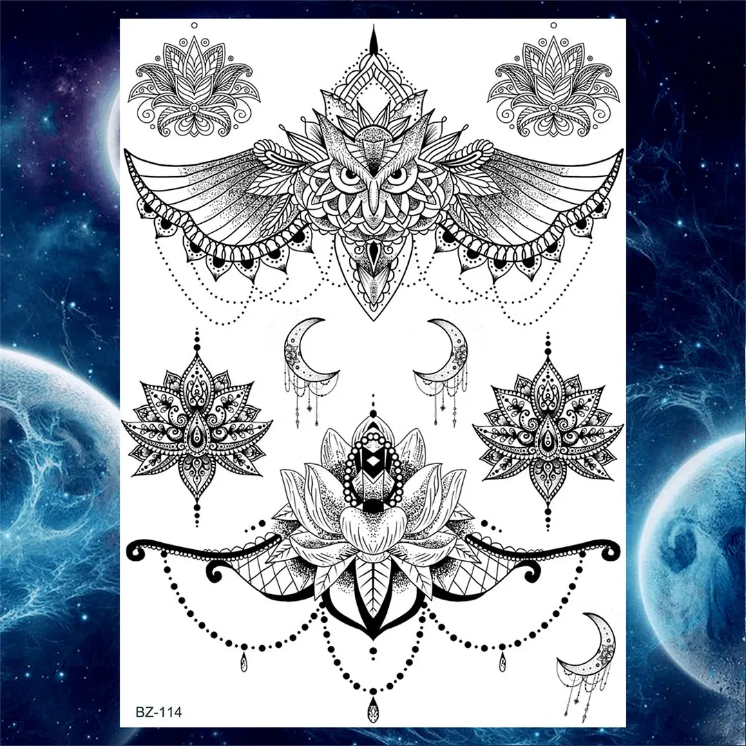Sexy Black Henna Temporary Tattoos For Women Girls Lotus Flower Lace Tattoo Sticker Fake Jewelry Mandala Body Chest Tatoos Paper