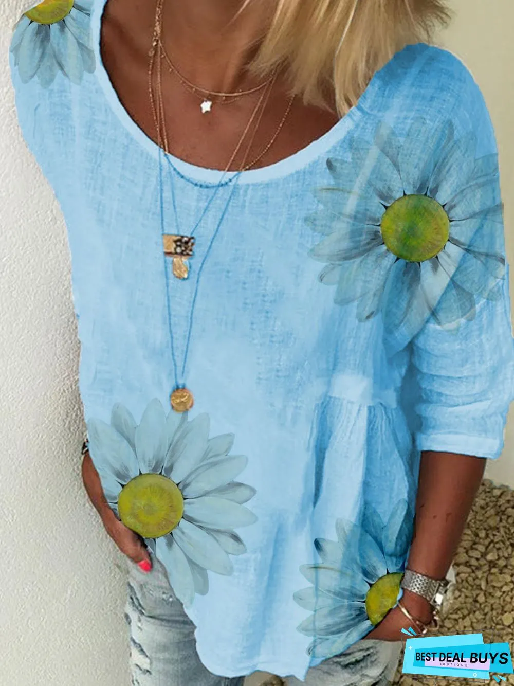 Floral Crew Neck Loose Cotton-Blend Tunic Sweatshirt