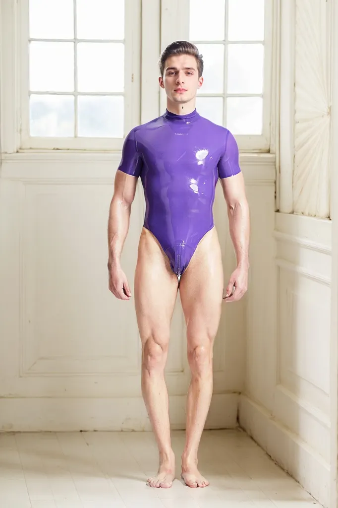 Men's High-Cut Latex Bodysuits Male Short sleeved Minimalist Pure Color