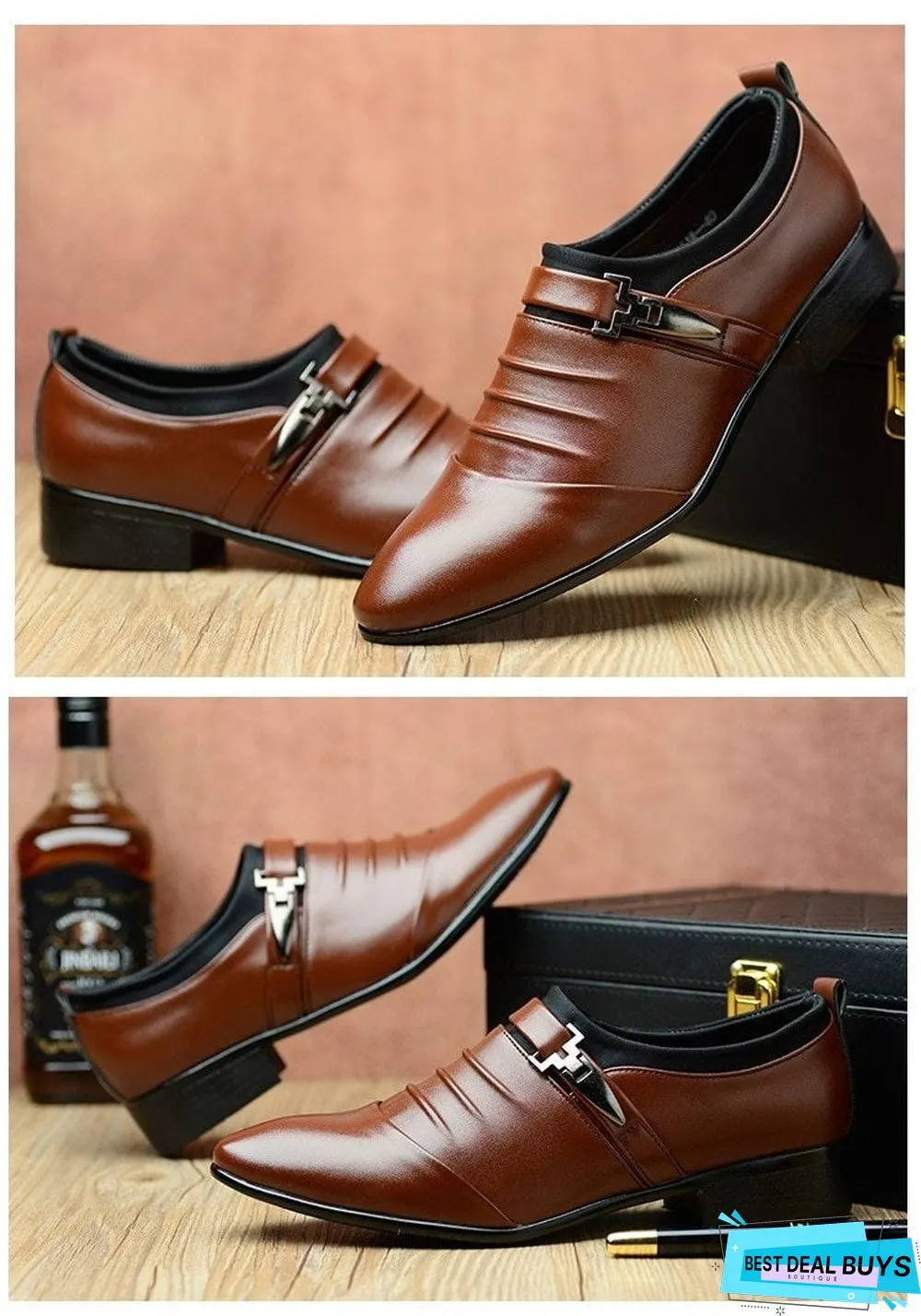 Men Pu Leather Pointed Toe Flat Slip-On Business Wedding Oxfords Shoes