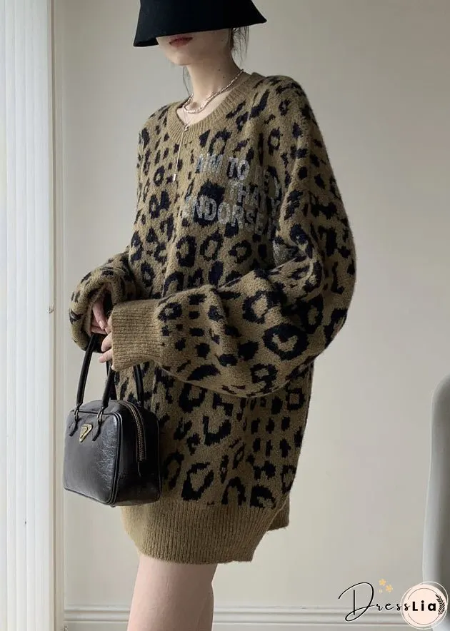 Women Khaki Leopard O Neck Cozy Knit Sweater Winter