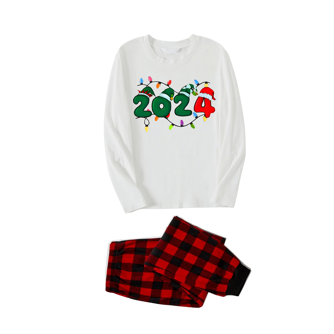 "2024" Text and Christmas Light Printed Red & Black Plaid Family Matching Pajamas
