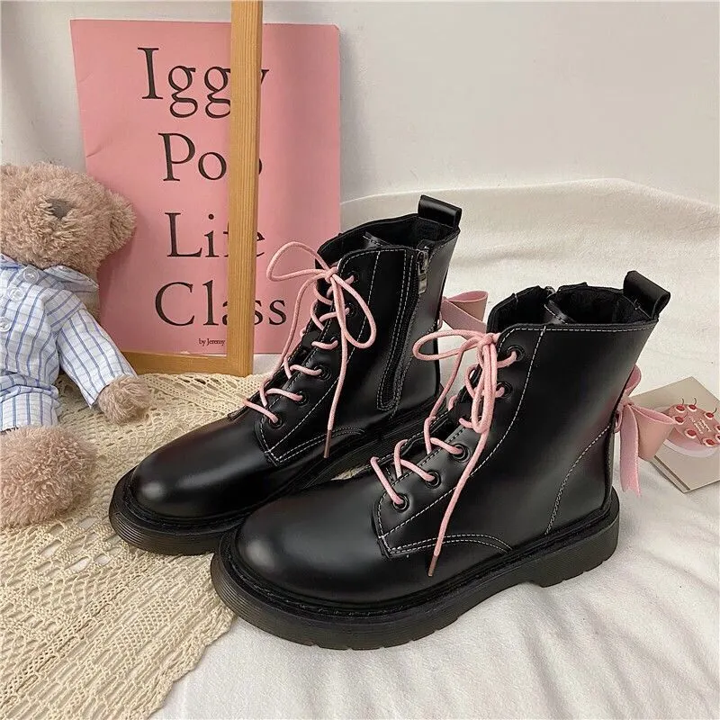 Shoes Women Pink Bow  Boots Woman Student Short Boots British Style Thick Bottom Plus Velvet All-match Single Boots