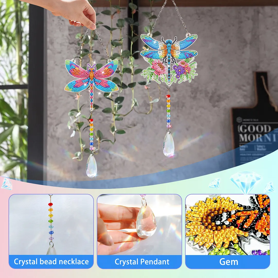 2Pcs Dragonfly DIY Acrylic Diamond Painting Art Wind Chimes with Crystal Pendant Diamond Art Hanging Pendant Double-Sided for Adults Beginners Gift Home Garden Decor
