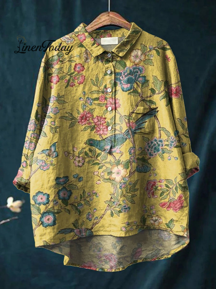 Women&rsquo;s Vintage Floral Birds Art Print Casual Cotton And Linen Shirt Yellow / S
