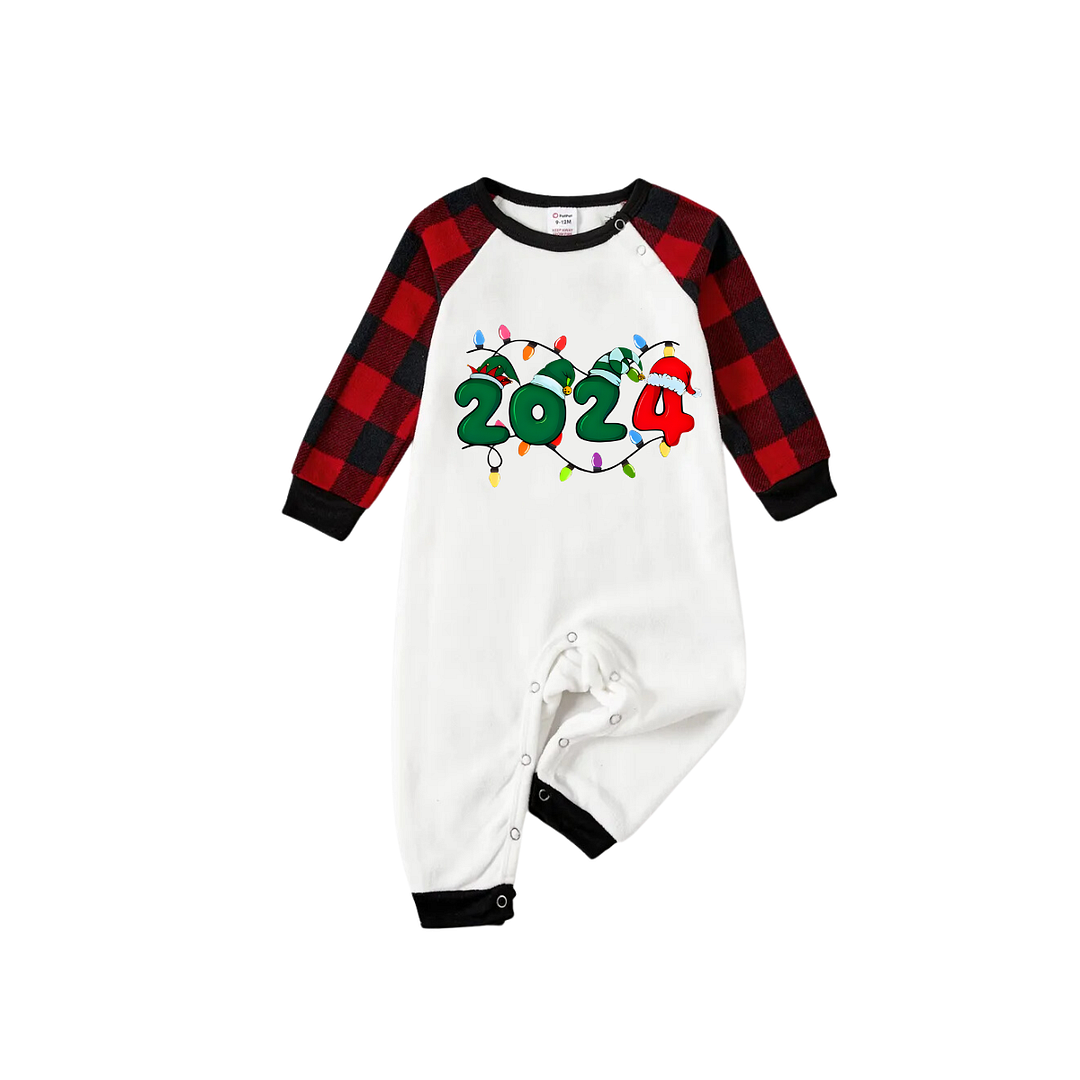 "2024" Text and Christmas Light Printed Red & Black Plaid Family Matching Pajamas