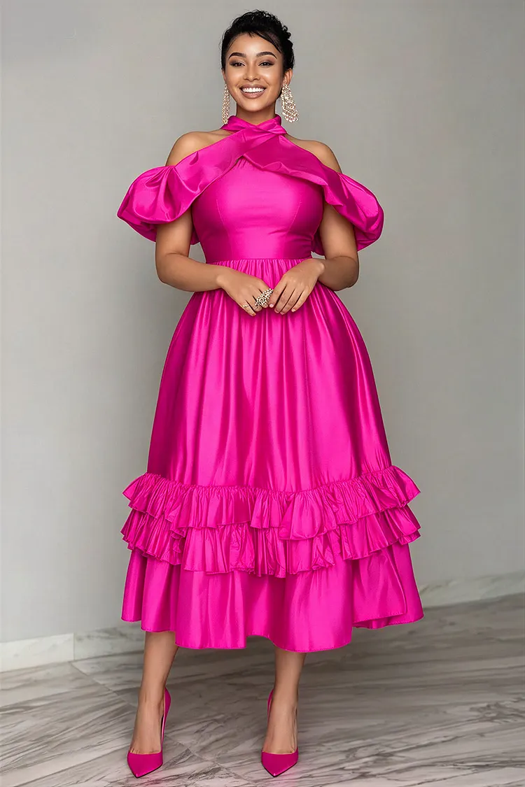 Xpluswear Design Plus Size Cocktail Party Hot Pink Halter Collar Cold Shoulder Short Sleeve Ruffle Pocket Satin Midi Dresses [Pre-Order] 2024 - Xpluswear