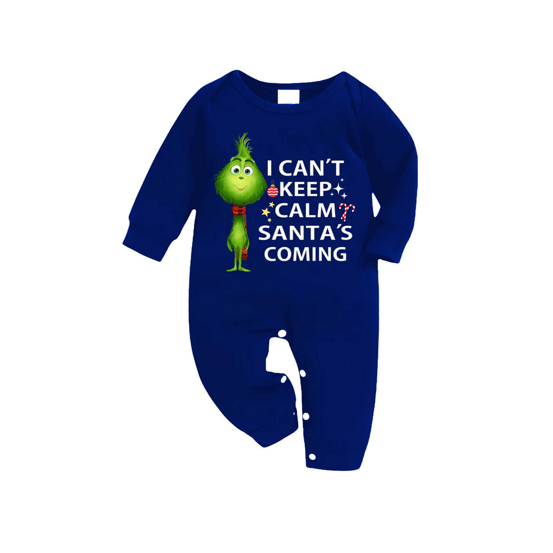 Cartoon Pattern and Christmas Slogan Printed Blue and White Plaid Family Matching Pajamas